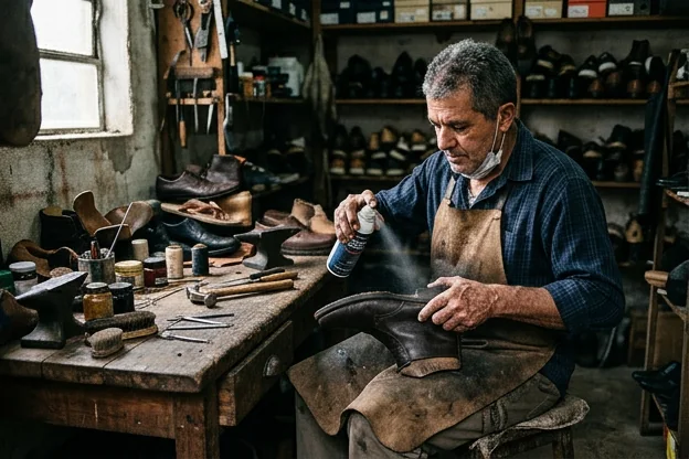 Sapateiro aplicando produto impermeabilizante em calçados, demonstrando o processo.