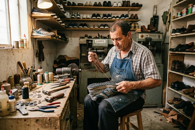 Sapateiro ajustando e reparando um tênis, mostrando as ferramentas de trabalho.