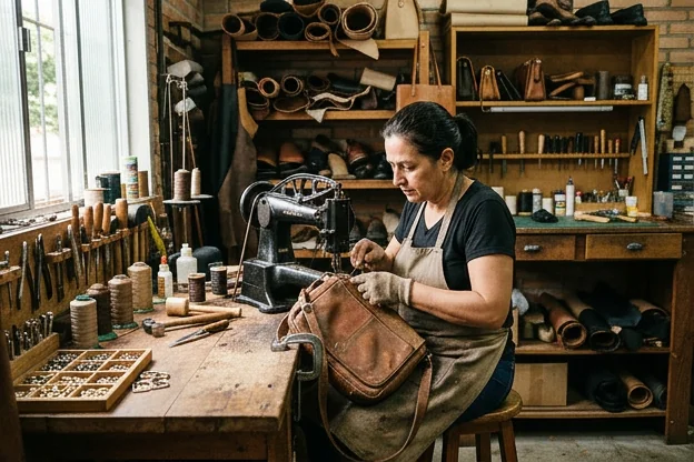 Profissional trabalhando na reforma de bolsas de couro, com vários materiais ao redor.