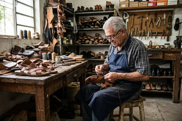 Profissional trabalhando em sandálias, com ferramentas de sapateiro ao lado.
