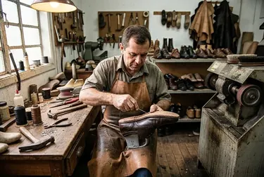 Sapatos sociais durante o processo de reforma, com foco nas ferramentas utilizadas.