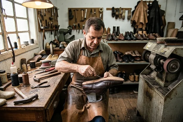 Sapatos sociais durante o processo de reforma, com foco nas ferramentas utilizadas.