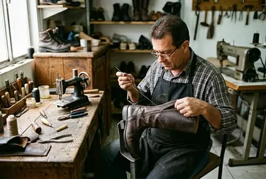 Profissional ajustando o zíper de uma bota, com ferramentas de sapateiro visíveis.