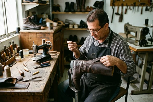 Profissional ajustando o zíper de uma bota, com ferramentas de sapateiro visíveis.